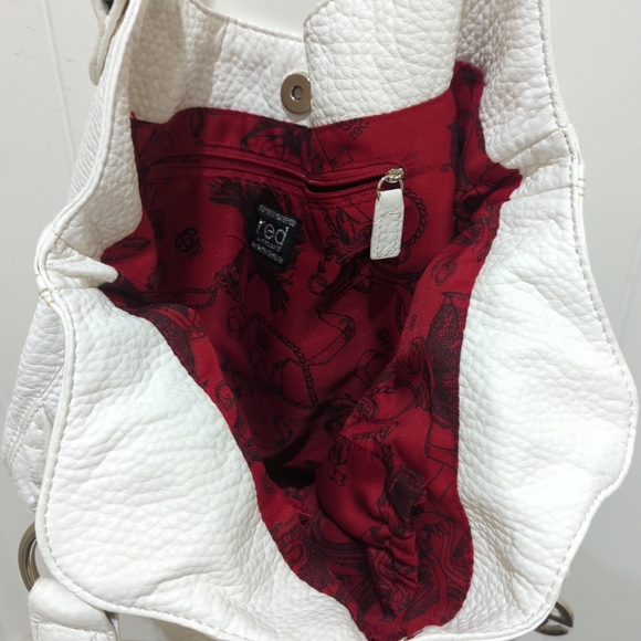 Red Marc Ecko Hobo Leather Hand Bag Quilted Braided Handles Medium White - Picture 10 of 10
